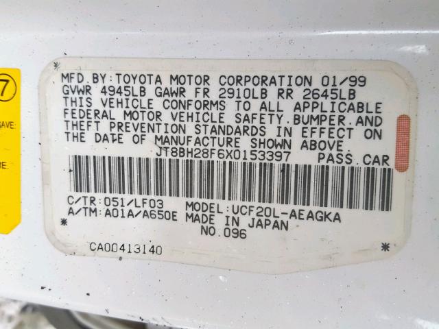 JT8BH28F6X0153397 - 1999 LEXUS LS 400 WHITE photo 10