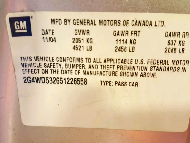2G4WD532651226558 - 2005 BUICK LACROSSE C SILVER photo 10