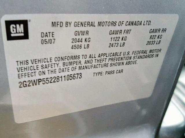 2G2WP552281105673 - 2008 PONTIAC GRAND PRIX SILVER photo 10