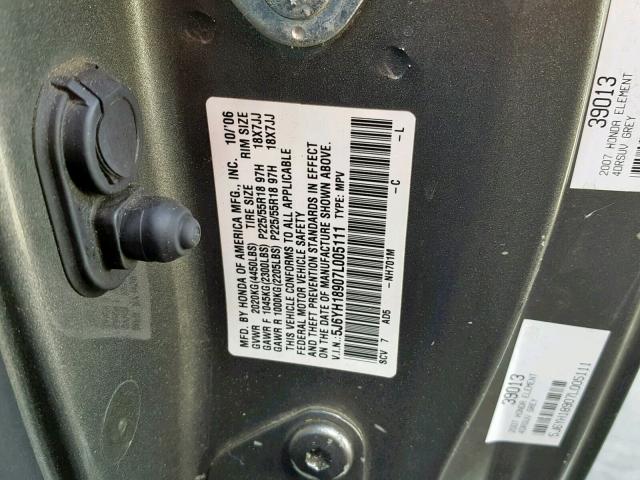 5J6YH18907L005111 - 2007 HONDA ELEMENT SC GRAY photo 10