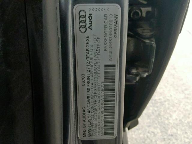 WAULD64B74N010613 - 2004 AUDI A6 2.7T QU GRAY photo 10