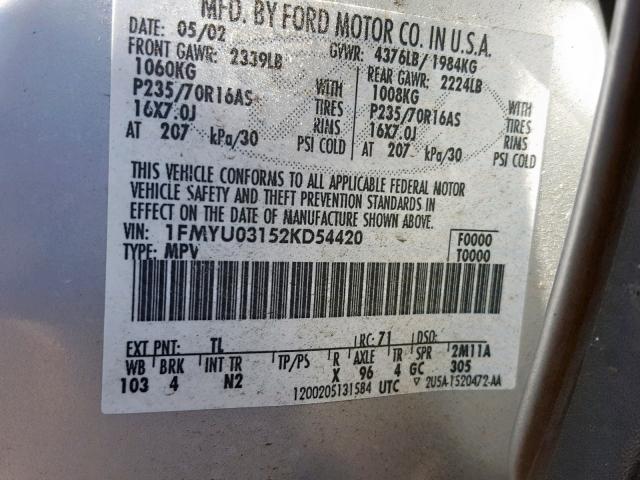 1FMYU03152KD54420 - 2002 FORD ESCAPE XLT SILVER photo 10