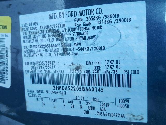 2FMDA52205BA60145 - 2005 FORD FREESTAR S GRAY photo 10