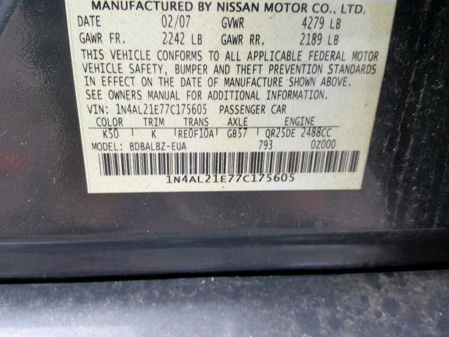 1N4AL21E77C175605 - 2007 NISSAN ALTIMA 2.5 GRAY photo 10