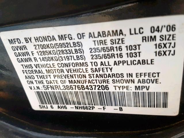 5FNRL38676B437206 - 2006 HONDA ODYSSEY EX GRAY photo 10