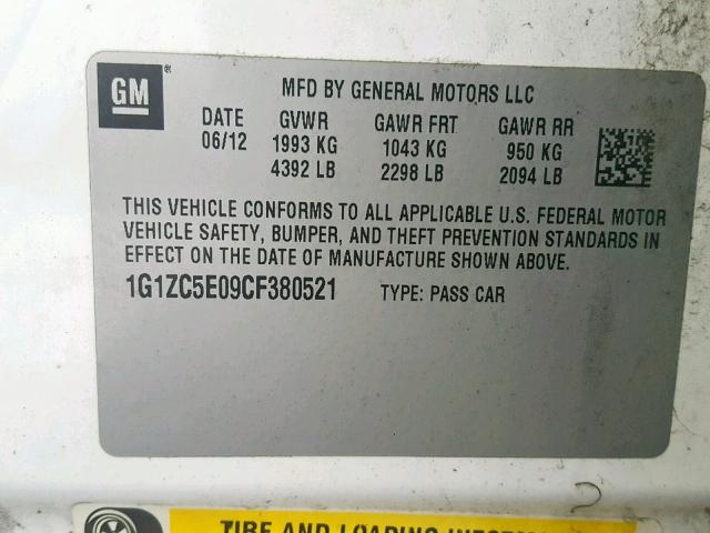 1G1ZC5E09CF380521 - 2012 CHEVROLET MALIBU 1LT 白色 照片 10