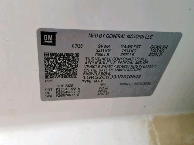 1GKS2CKJ3JR310543 - 2018 GMC YUKON DENA WHITE photo 10