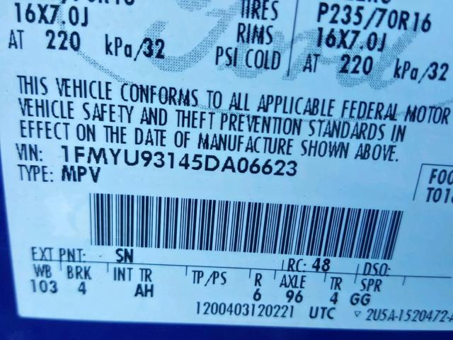 1FMYU93145DA06623 - 2005 FORD ESCAPE XLT BLUE photo 10