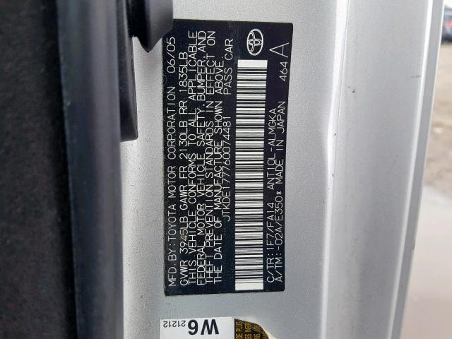 JTKDE177760074481 - 2006 TOYOTA SCION TC ვერცხლისფერი ფოტო 10
