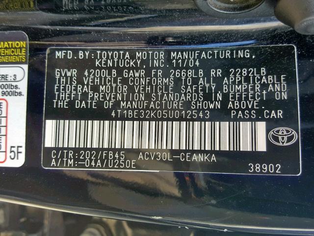 4T1BE32K05U012543 - 2005 TOYOTA CAMRY LE BLACK photo 10