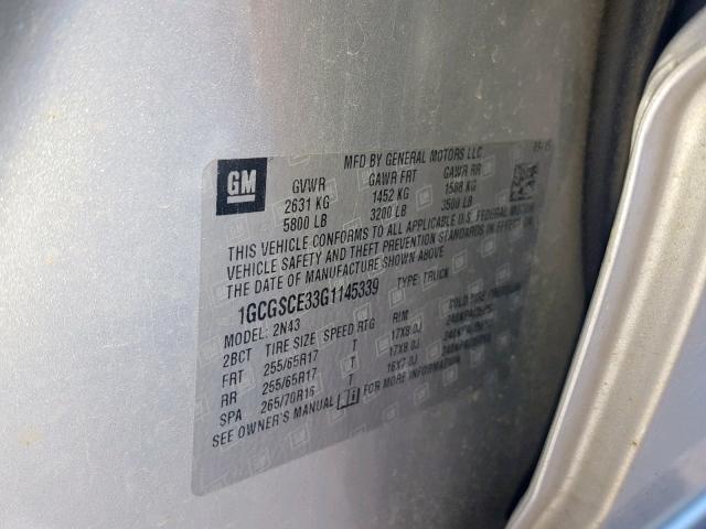 1GCGSCE33G1145339 - 2016 CHEVROLET COLORADO L SILVER photo 10