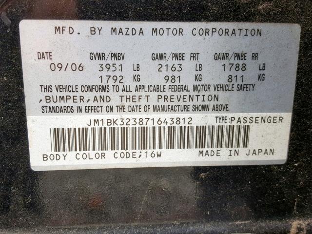 JM1BK323871643812 - 2007 MAZDA 3 S BLACK photo 10