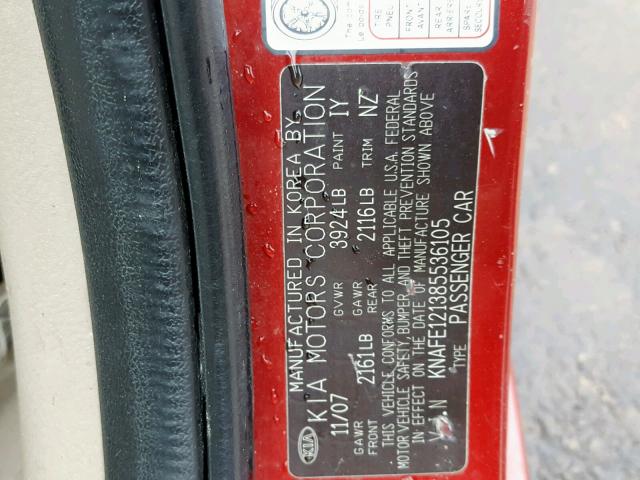 KNAFE121385536105 - 2008 KIA SPECTRA EX RED photo 10