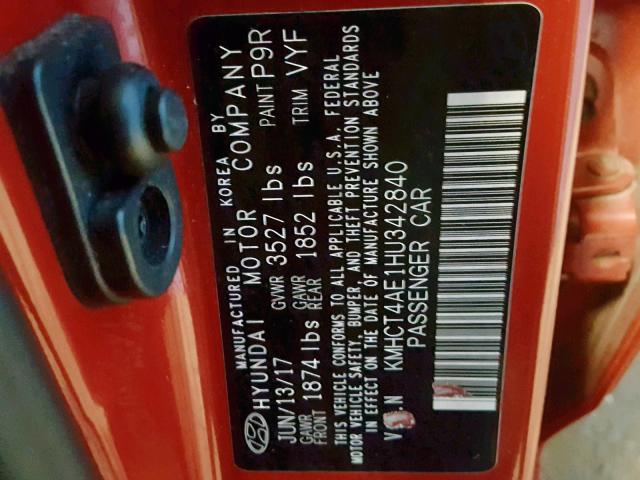 KMHCT4AE1HU342840 - 2017 HYUNDAI ACCENT SE RED photo 10