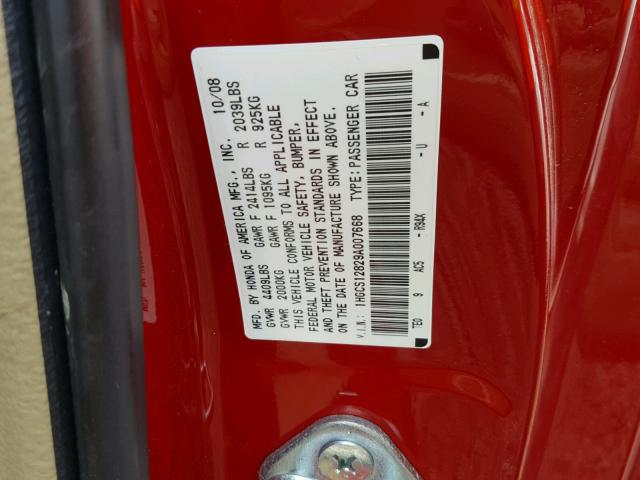 1HGCS12829A007668 - 2009 HONDA ACCORD EXL RED photo 10