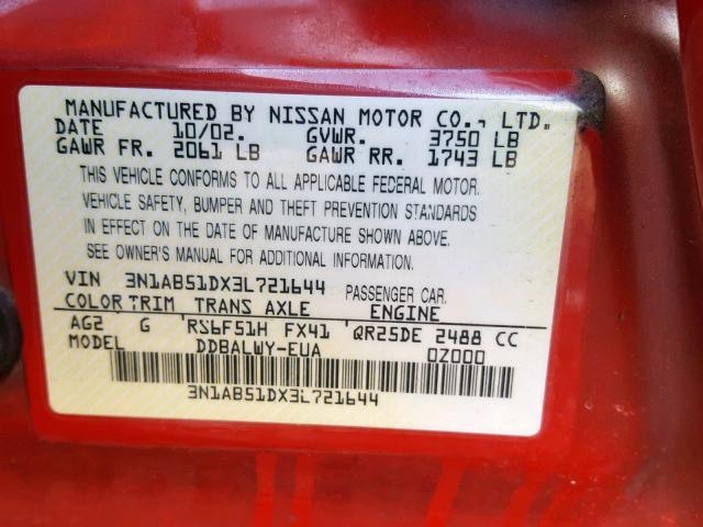 3N1AB51DX3L721644 - 2003 NISSAN SENTRA SE- RED photo 10