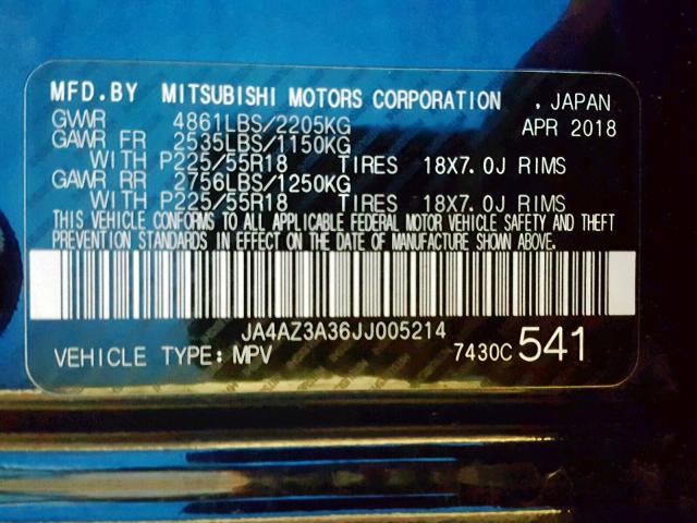 JA4AZ3A36JJ005214 - 2018 MITSUBISHI OUTLANDER BLUE photo 10