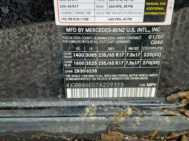 4JGBB86E07A229315 - 2007 MERCEDES-BENZ ML 350 BLACK photo 10