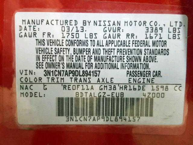 3N1CN7AP9DL894157 - 2013 NISSAN VERSA S BURGUNDY photo 10