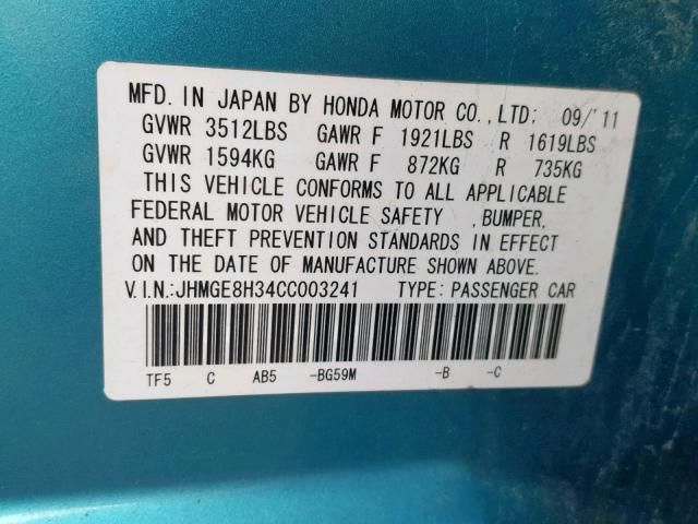 JHMGE8H34CC003241 - 2012 HONDA FIT BLUE photo 10