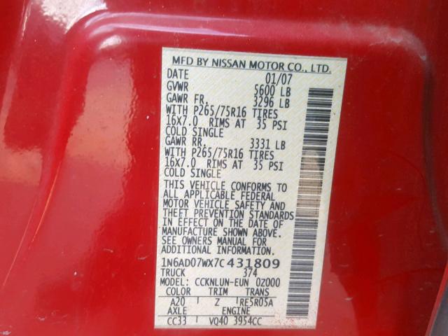 1N6AD07WX7C431809 - 2007 NISSAN FRONTIER C RED photo 10