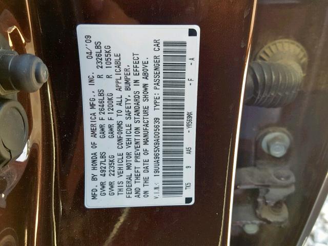 19UUA965X9A005639 - 2009 ACURA TL BURGUNDY photo 10