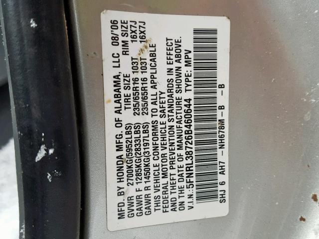 5FNRL38726B460644 - 2006 HONDA ODYSSEY EX SILVER photo 10