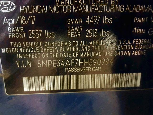 5NPE34AF7HH590994 - 2017 HYUNDAI SONATA SPO BLUE photo 10