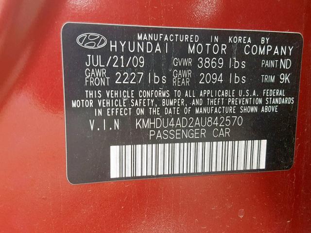 KMHDU4AD2AU842570 - 2010 HYUNDAI ELANTRA RED photo 10