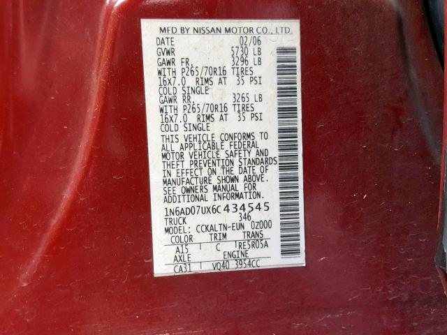 1N6AD07UX6C434545 - 2006 NISSAN FRONTIER C RED photo 10