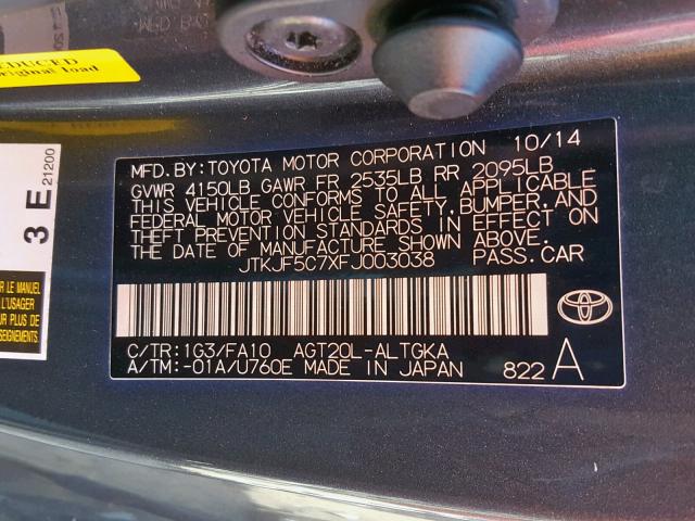 JTKJF5C7XFJ003038 - 2015 TOYOTA SCION TC ნაცრისფერი ფოტო 10