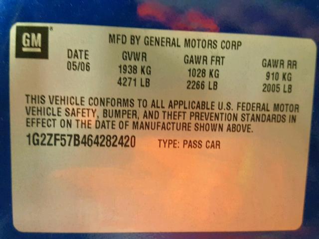 1G2ZF57B464282420 - 2006 PONTIAC G6 SE BLUE photo 10