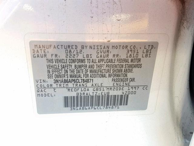 3N1AB6AP6CL784871 - 2012 NISSAN SENTRA 2.0 WHITE photo 10