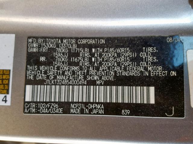 JTLKT324854000494 - 2005 TOYOTA SCION XB Күміс фото 10