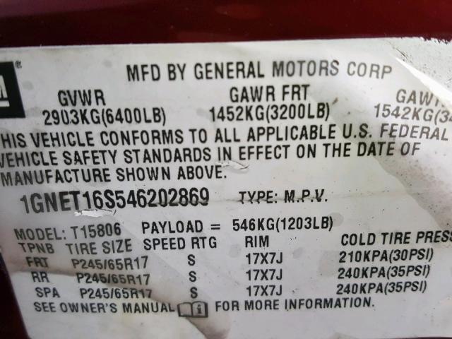 1GNET16S546202869 - 2004 CHEVROLET TRAILBLAZE BURGUNDY photo 10