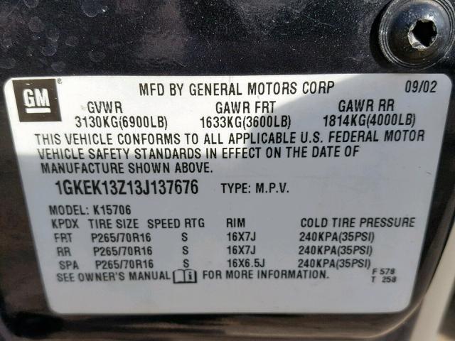 1GKEK13Z13J137676 - 2003 GMC YUKON GRAY photo 10