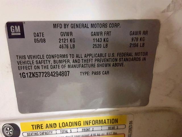 1G1ZK577284294807 - 2008 CHEVROLET MALIBU LTZ WHITE photo 10