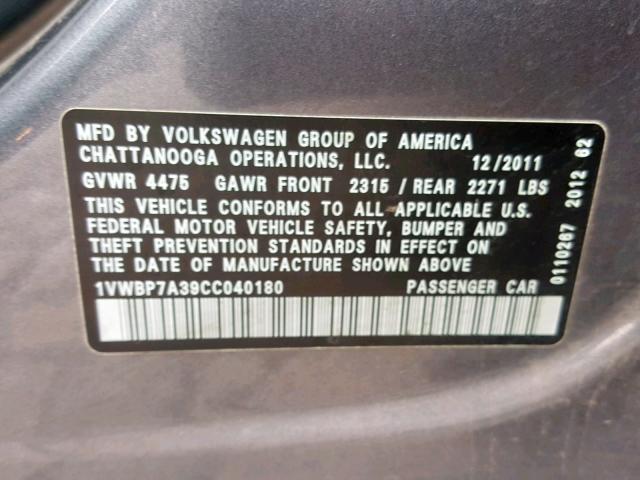 1VWBP7A39CC040180 - 2012 VOLKSWAGEN PASSAT SE GRAY photo 10