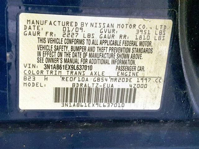 3N1AB61EX9L637010 - 2009 NISSAN SENTRA 2.0 BLUE photo 10