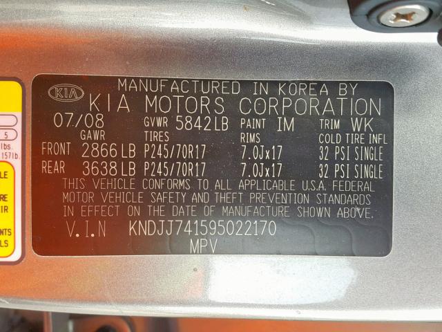 KNDJJ741595022170 - 2009 KIA BORREGO LX GRAY photo 10