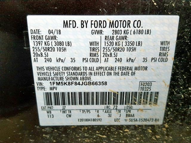 1FM5K8F84JGB66358 - 2018 FORD EXPLORER L BLACK photo 10