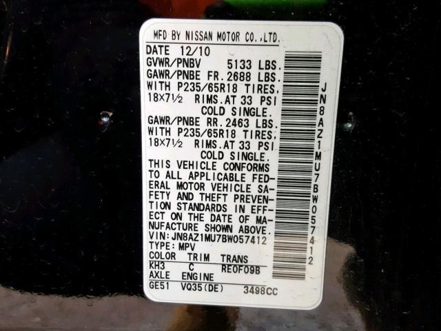 JN8AZ1MU7BW057412 - 2011 NISSAN MURANO S Қара фото 10