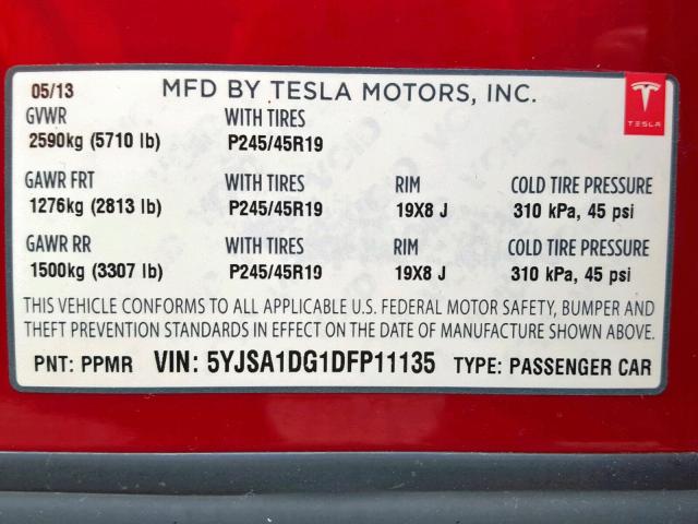 5YJSA1DG1DFP11135 - 2013 TESLA MODEL S RED photo 10