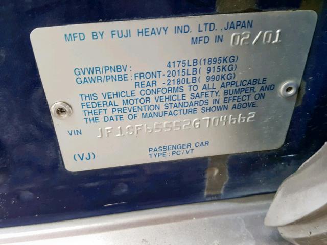 JF1SF65552G704662 - 2002 SUBARU FORESTER S BLUE photo 10