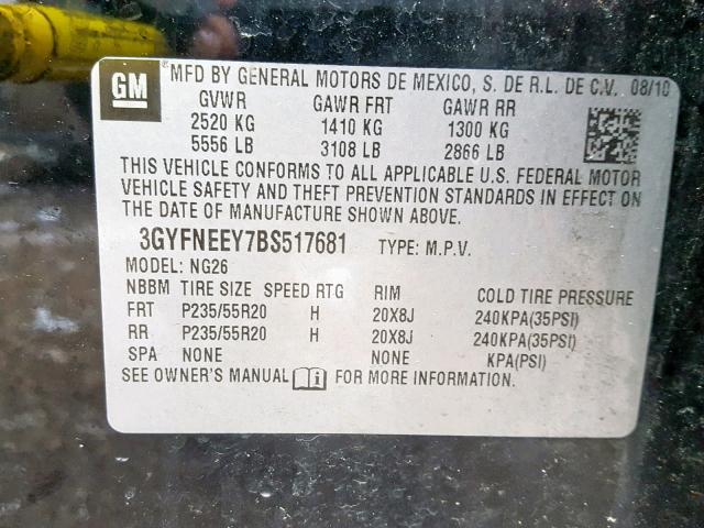 3GYFNEEY7BS517681 - 2011 CADILLAC SRX PERFOR BLACK photo 10