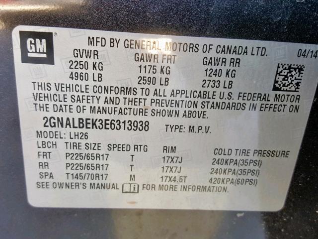 2GNALBEK3E6313938 - 2014 CHEVROLET EQUINOX LT GRAY photo 10