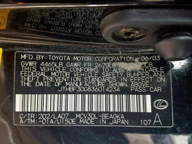 JTHBF30G836014234 - 2003 LEXUS ES 300 BLACK photo 10