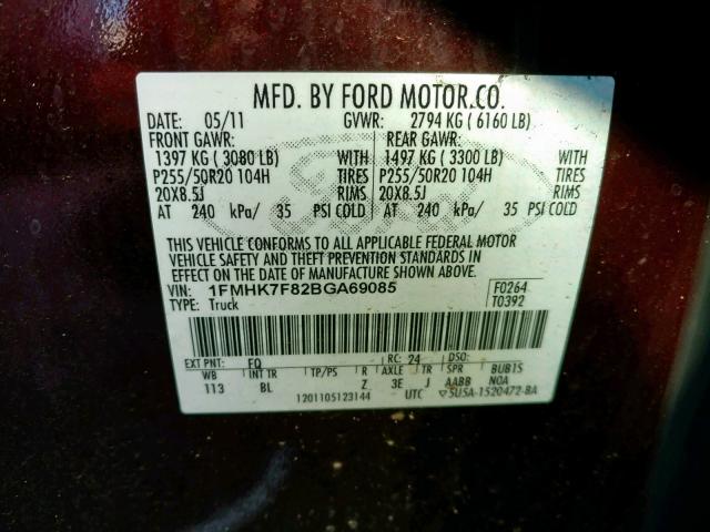 1FMHK7F82BGA69085 - 2011 FORD EXPLORER L MAROON photo 10