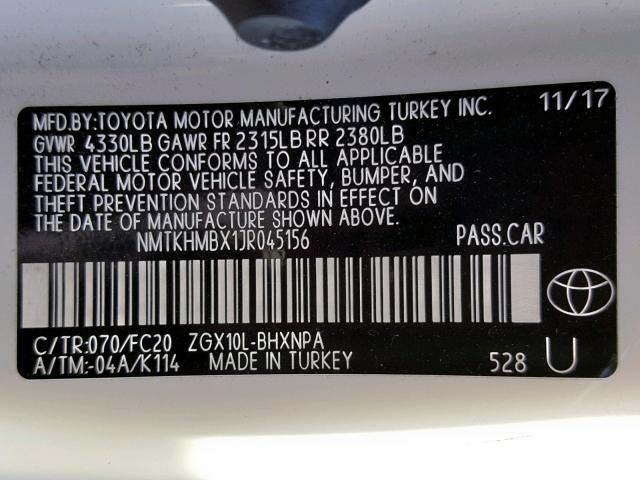 NMTKHMBX1JR045156 - 2018 TOYOTA C-HR XLE WHITE photo 10