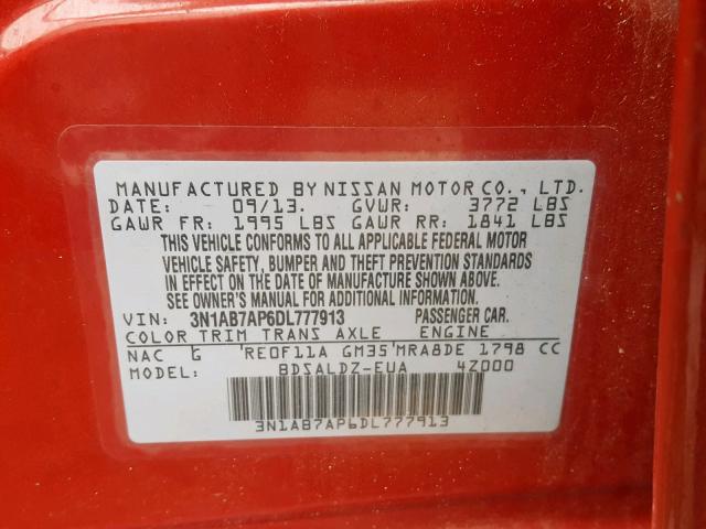 3N1AB7AP6DL777913 - 2013 NISSAN SENTRA S RED photo 10